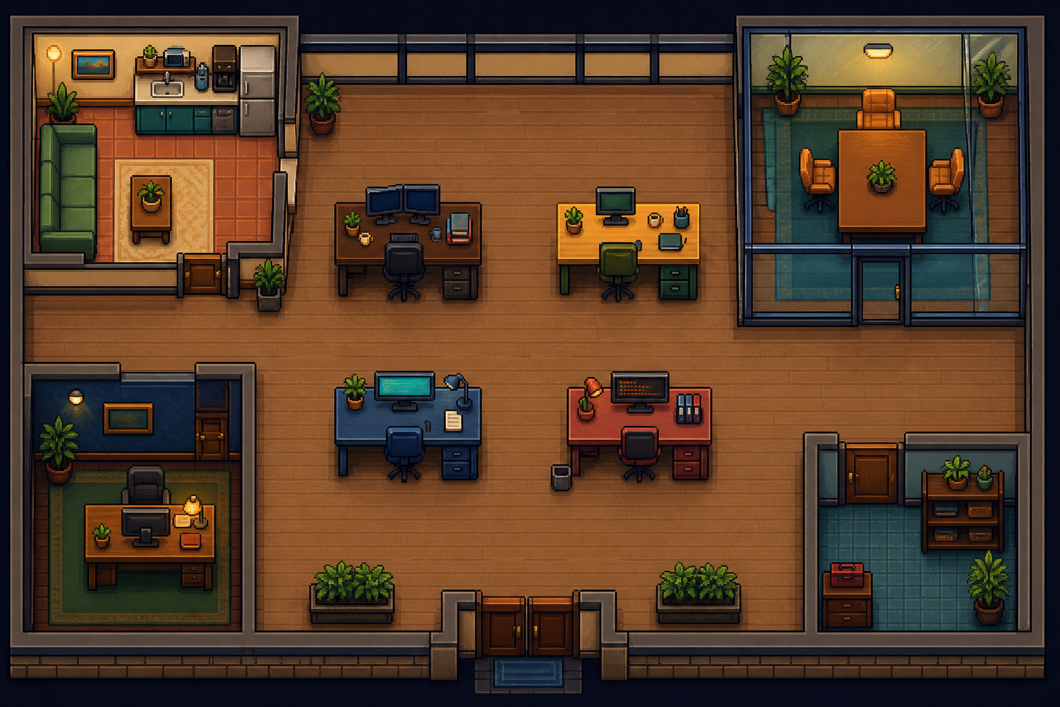 Pixel-art office with work desks, break room, meeting room, and operator office